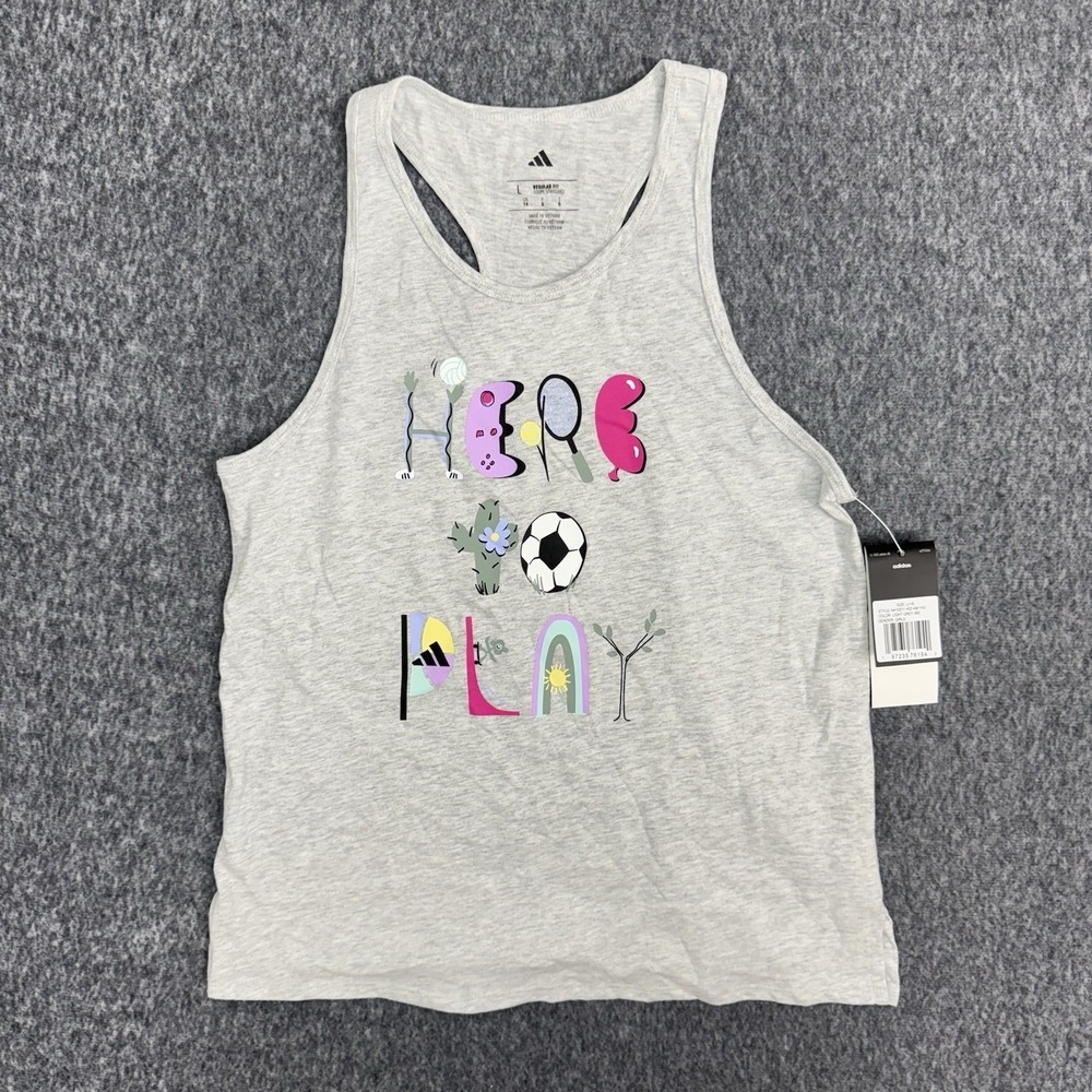 Adidas Girls Graphic Light‎ Gray Racer Back Tank Top Size L 14 Summer Soccer NWT